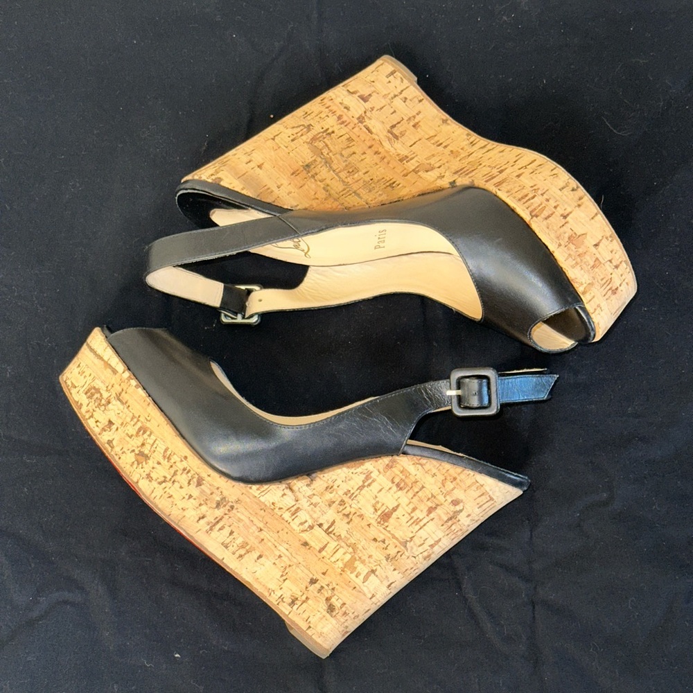 Christian Louboutin Black Peep Toe Leather Slingback Cork Wedge US 8 EU 39